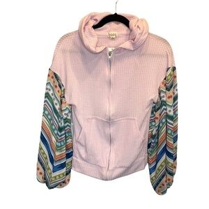 Baea Thermal Zip Up Hoodie in Pink Surde Chevron Aztec Sleeves Small NWT